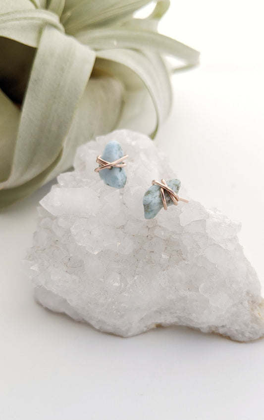 Rose Gold Wrapped Larimar Stud Earrings | Boho Studs | Gemstone Posts | Dainty Earrings | Minimalist Earrings | Crystal Earrings | Healing Crystals
