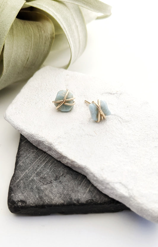 Gold Wrapped Larimar Stud Earrings | Boho Studs | Gemstone Posts | Dainty Earrings | Minimalist Earrings | Crystal Earrings | Healing Crystals