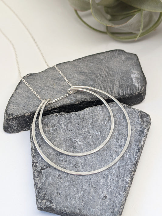 Silver Crescent Moon Necklace | Boho Moon Necklace | Celestial Jewelry | Open Circles Pendant | Moon Necklace | Hoop Necklace | Hammered Pendant | Sterling Silver