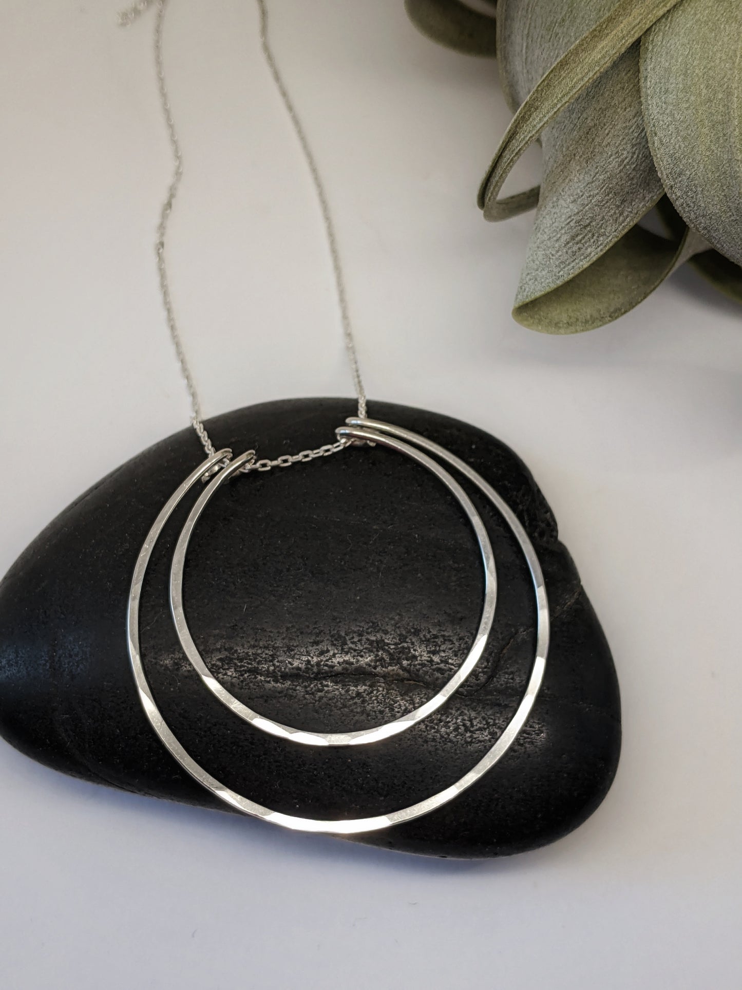 Silver Crescent Moon Necklace | Boho Moon Necklace | Celestial Jewelry | Open Circles Pendant | Moon Necklace | Hoop Necklace | Hammered Pendant | Sterling Silver