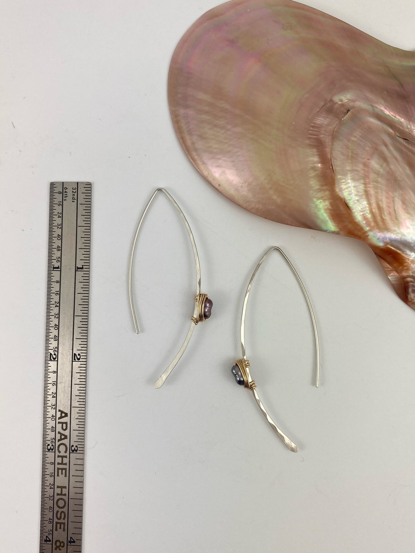Mixed Metal Pull Through Earrings with Purple Pearls