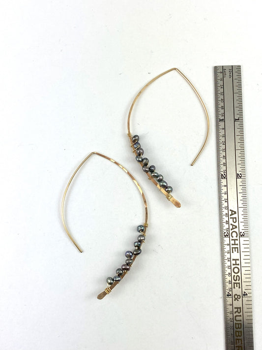 Gold Peacock Pearl Petal Pull Through Earrings | Arc Earrings | Petal Threaders | Open Hoops | Gold Boho Earrings | Minimalist Earrings | Pearl Earrings