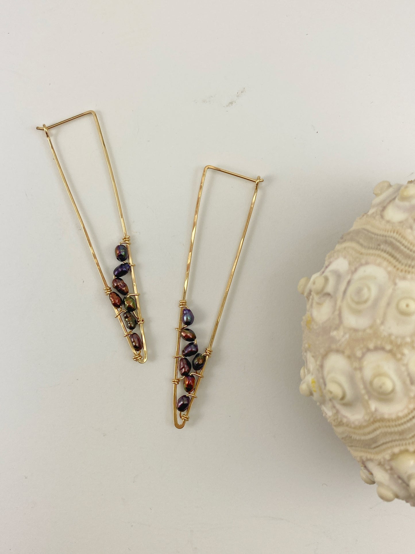 Gold Triangle Hoops with Woven Rainbow Pearls