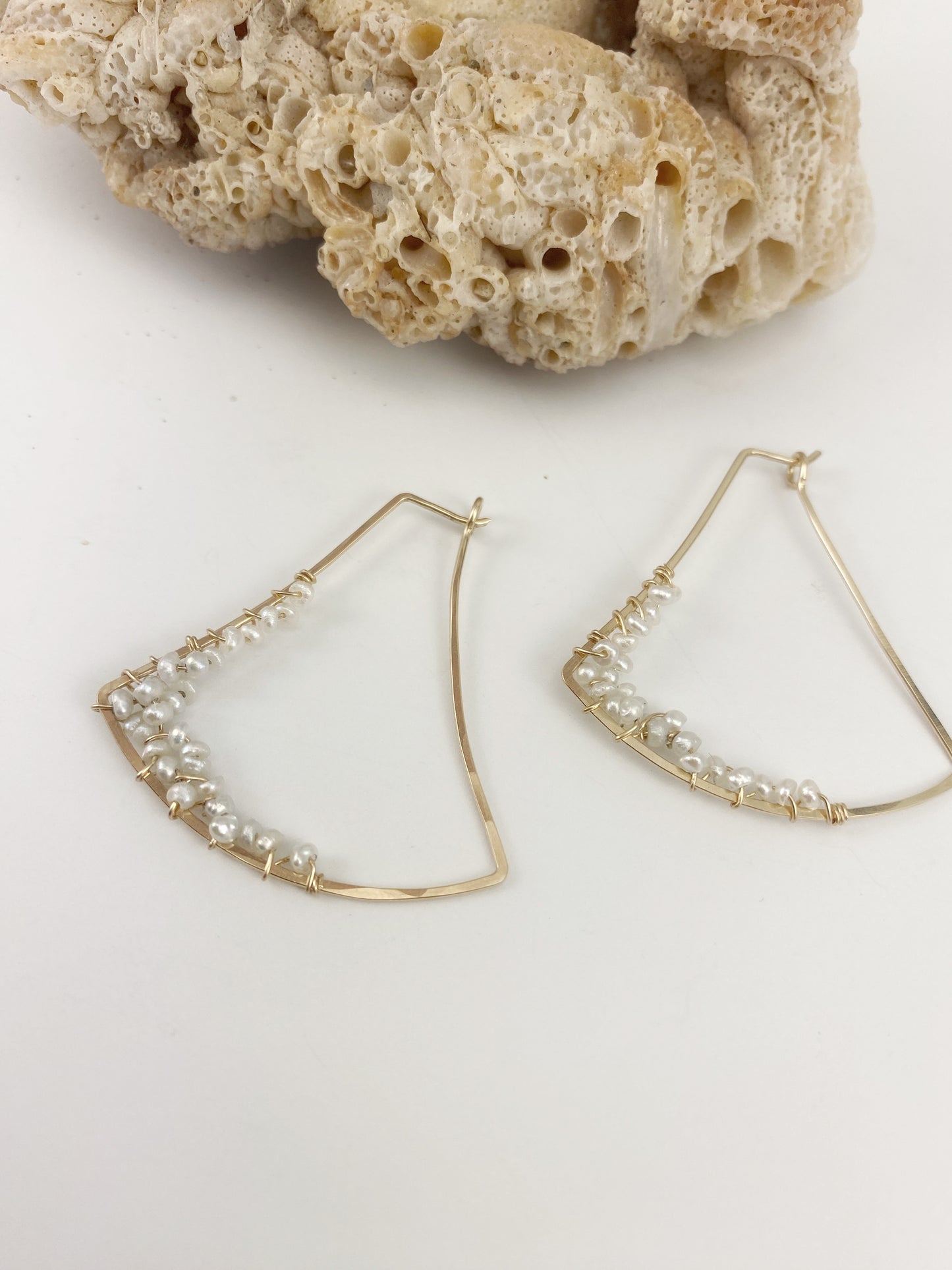 Gold Fan Hoops with Dainty Woven Pearls