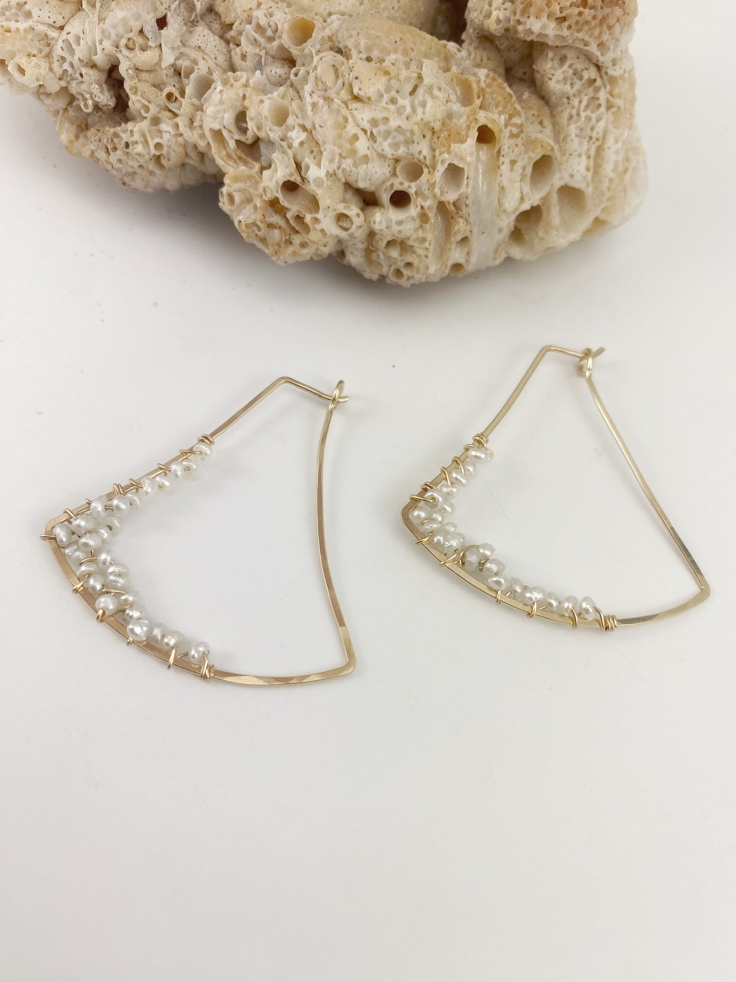 Gold Fan Hoops with Dainty Woven Pearls