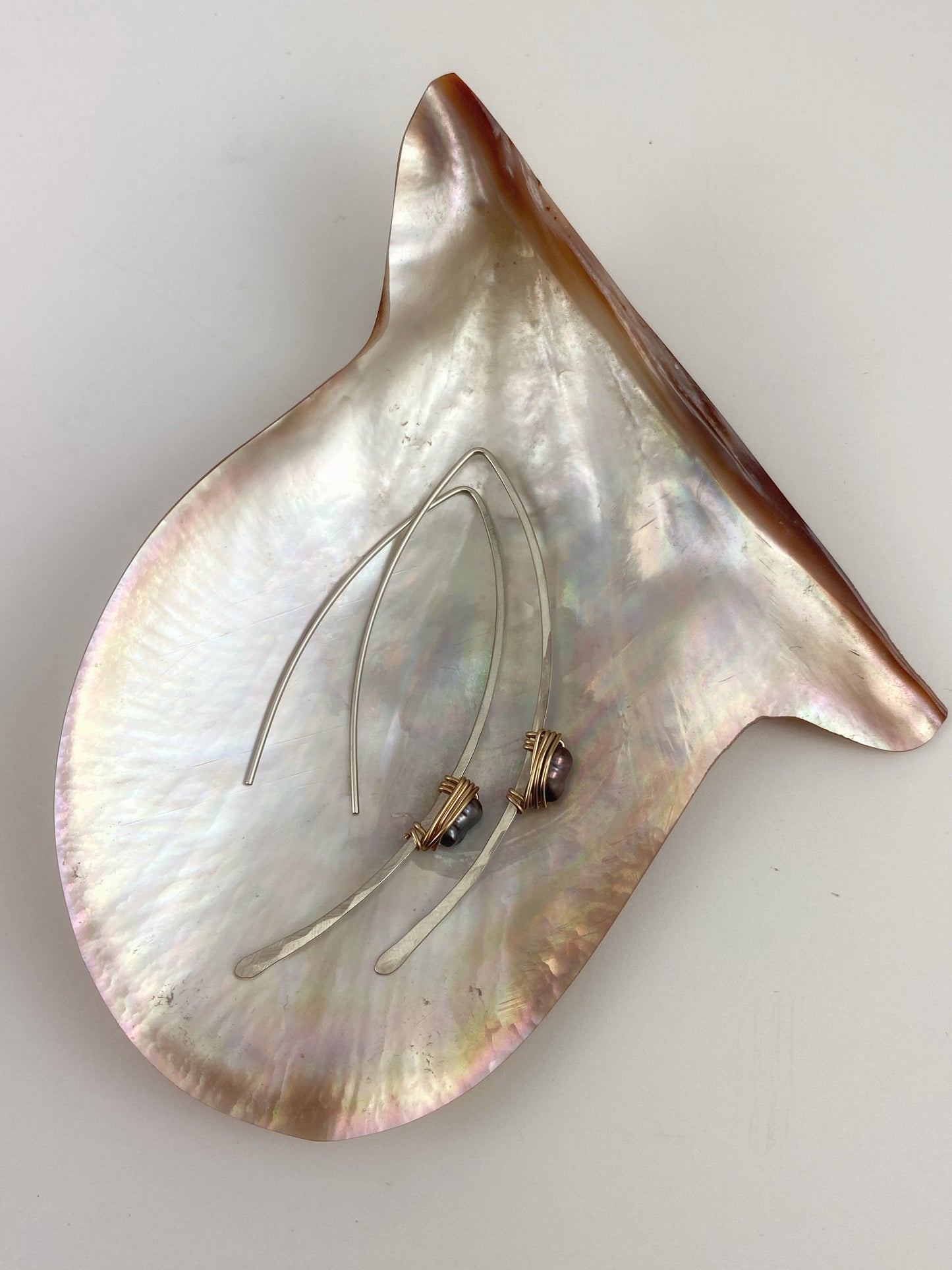 Mixed Metal Pull Through Earrings with Purple Pearls