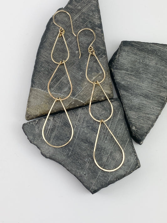 Gold Triple Teardrop Earrings | Waterfall Earrings | Gold Geometric Earrings| 14 K Gold Fill