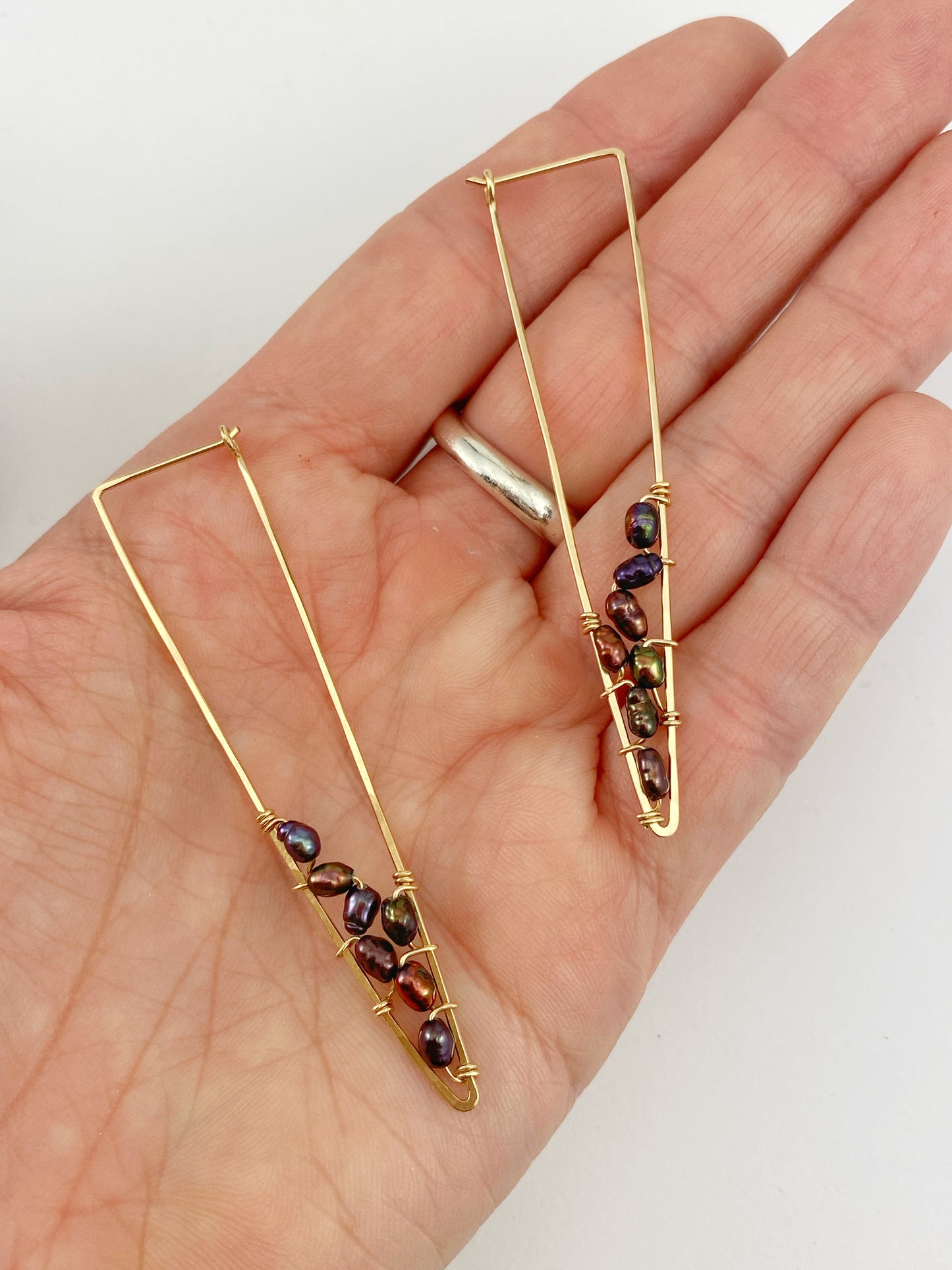 Gold Triangle Hoops with Woven Rainbow Pearls