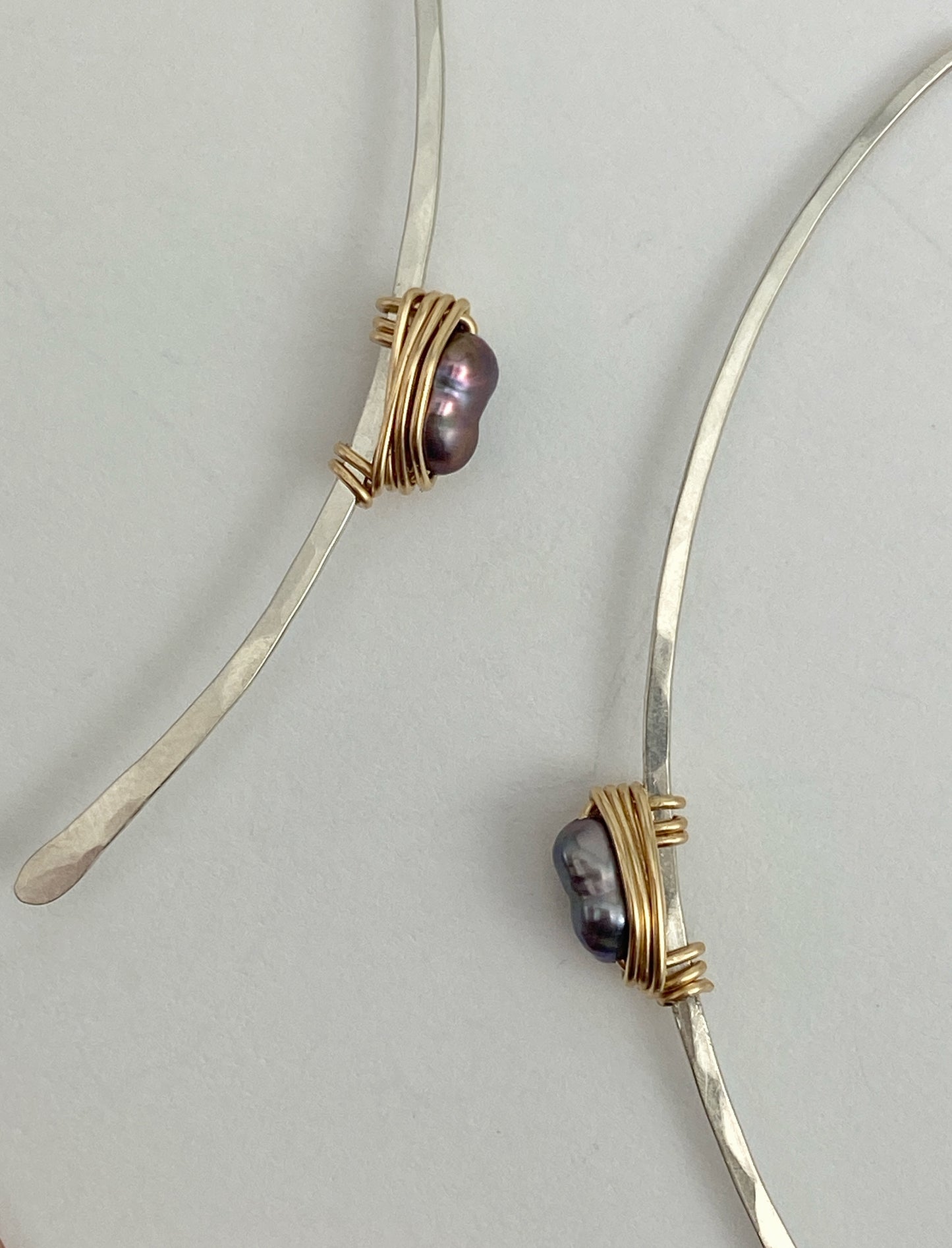 Mixed Metal Pull Through Earrings with Purple Pearls