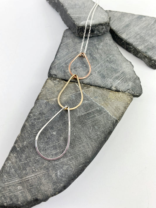 Mixed Metal Triple Teardrop Necklace | Waterfall Necklace | Geometric Necklace | Layering Necklace | Open Teardrop Pendant | Mixed Metal Pendant