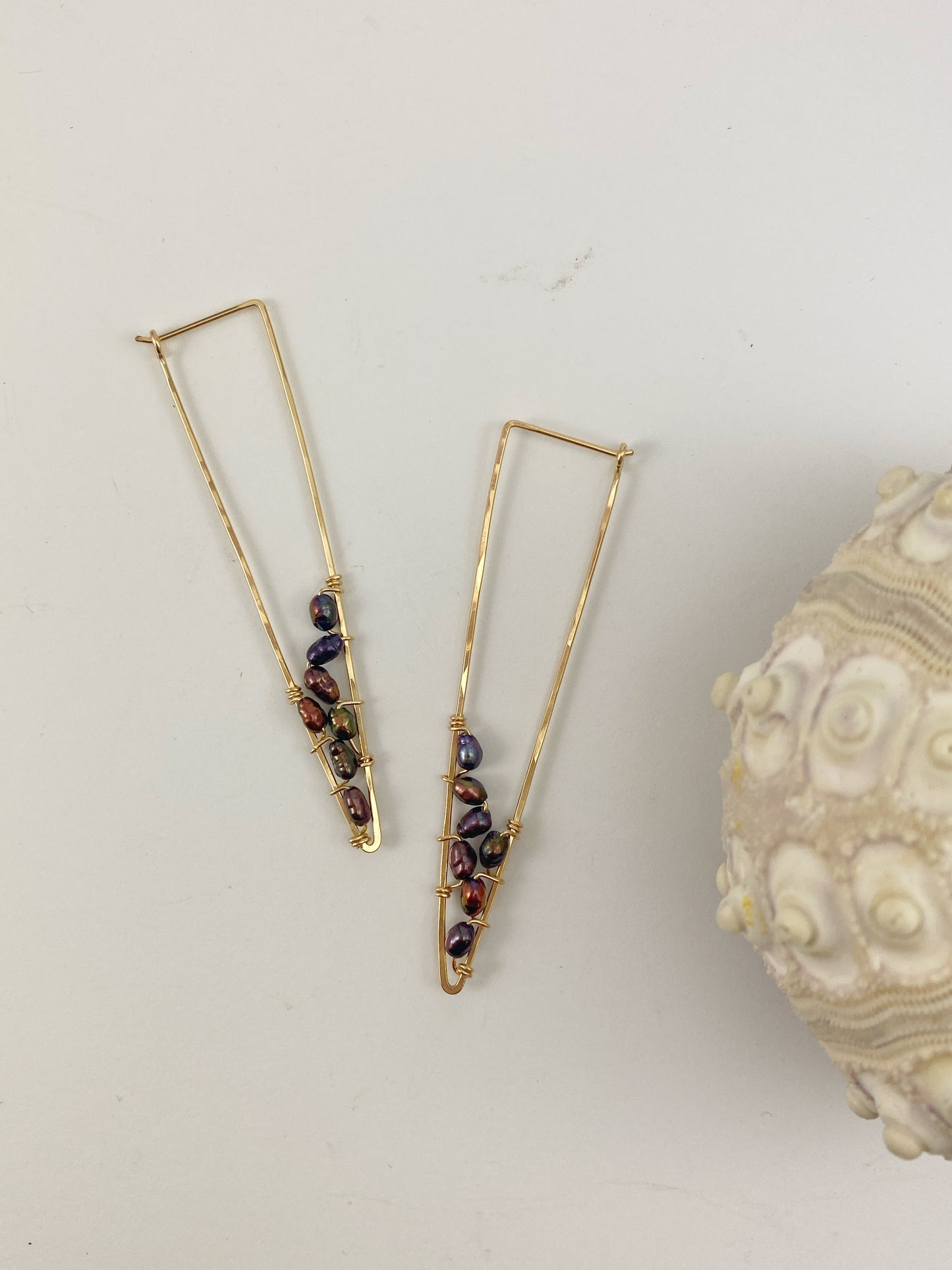 Gold Triangle Hoops with Woven Rainbow Pearls