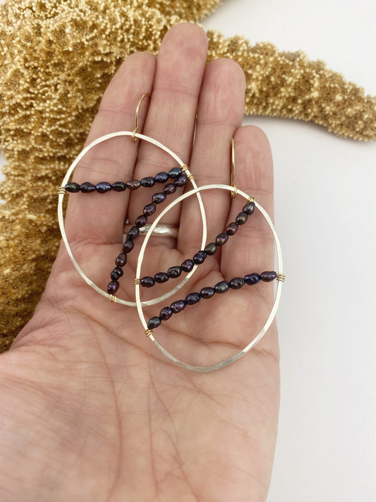 Asymmetric Oval Hoops with Purple Pearls
