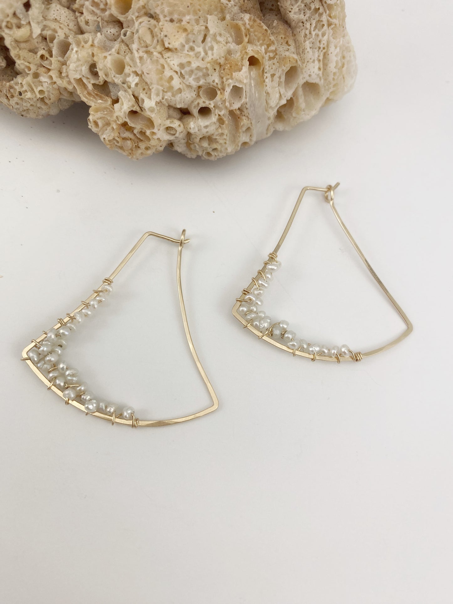 Gold Fan Hoops with Dainty Woven Pearls