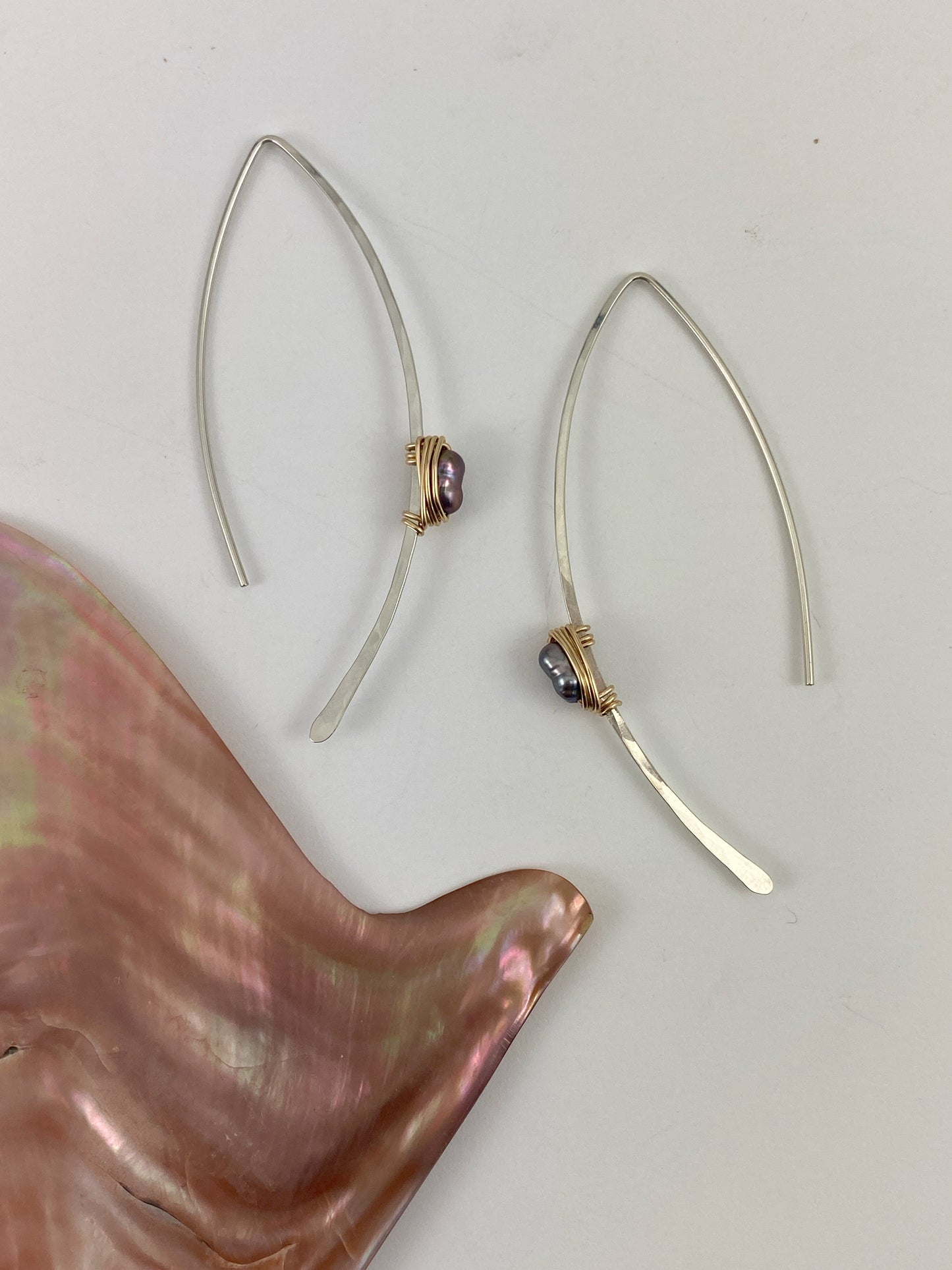 Mixed Metal Pull Through Earrings with Purple Pearls