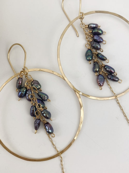Gold Fringe Hoops with Purple Pearl Clusters
