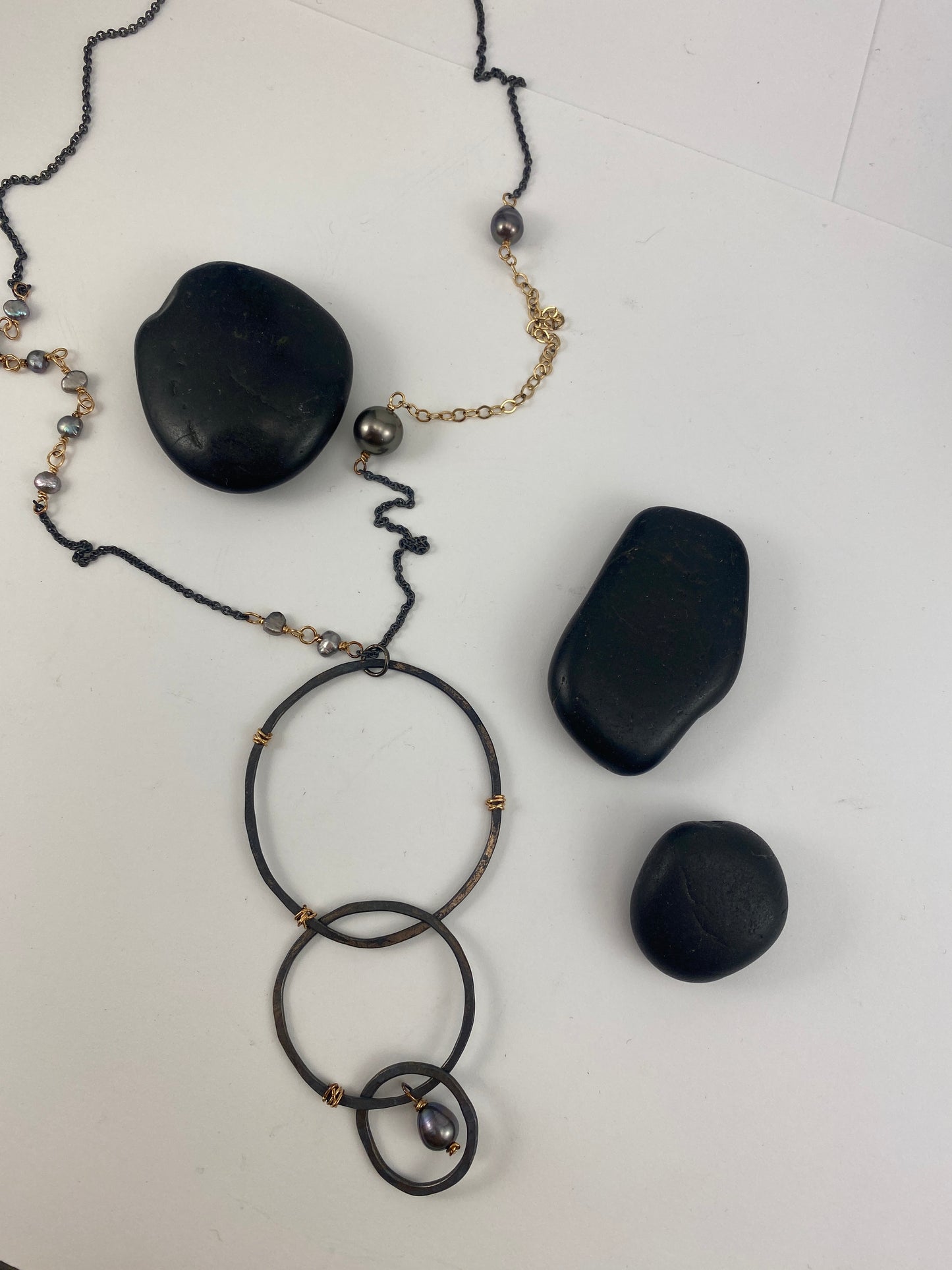 Boho interlocking Necklace with Tahitian & Freshwater Pearls