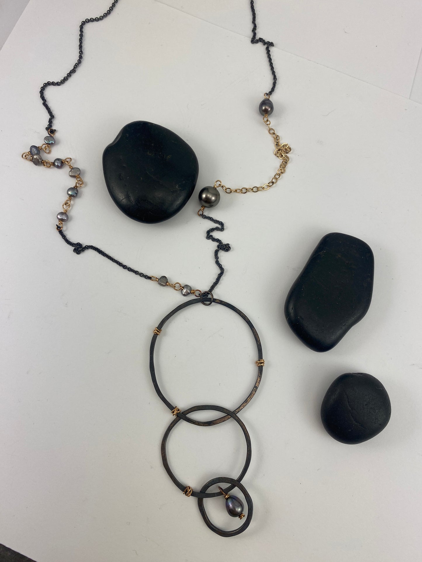Boho interlocking Necklace with Tahitian & Freshwater Pearls