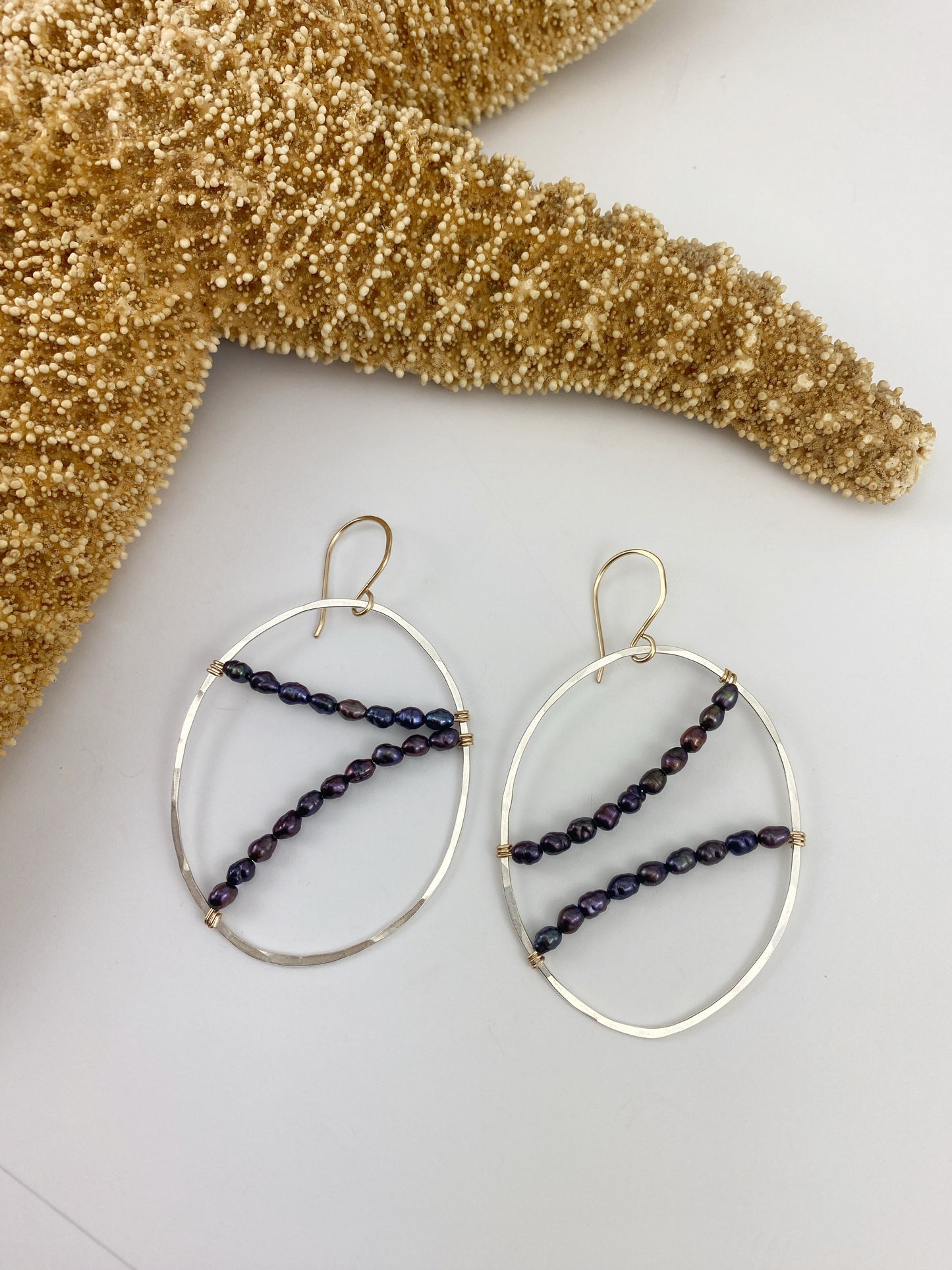 Asymmetric Oval Hoops with Purple Pearls
