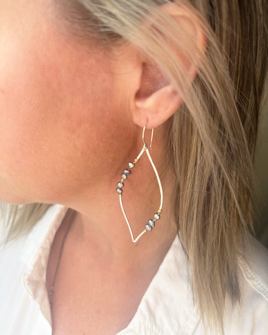 Mixed Metal Leaf Earrings with Platinum Grey Pearls