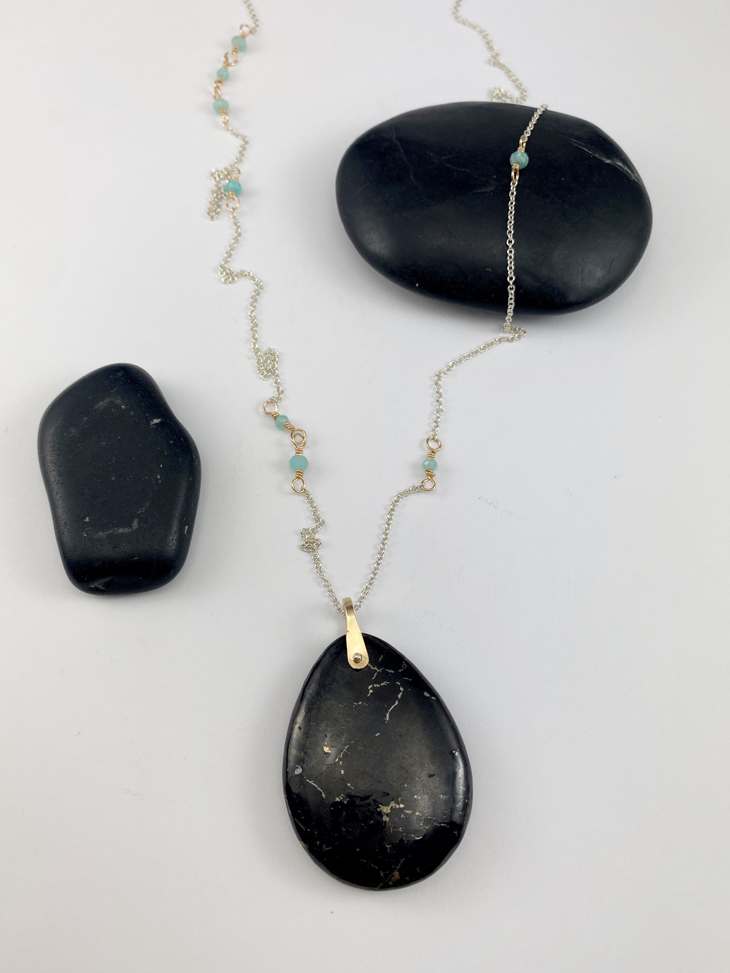 Silver Shungite Necklace with Gold and Amazonite | Silver Boho Necklace | Statement Necklace | Gemstone Pendant | One of a Kind Necklace | Sterling Silver