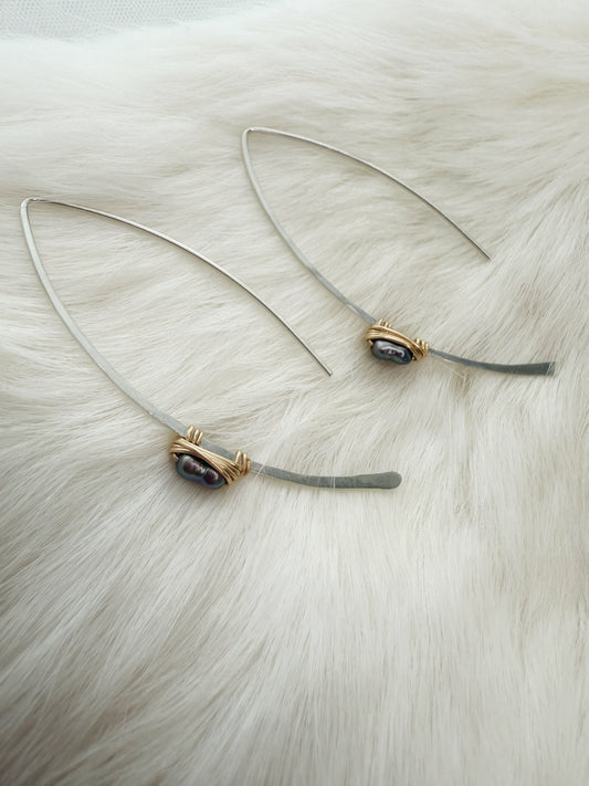 Mixed Metal Pull Through Earrings with Purple Pearls