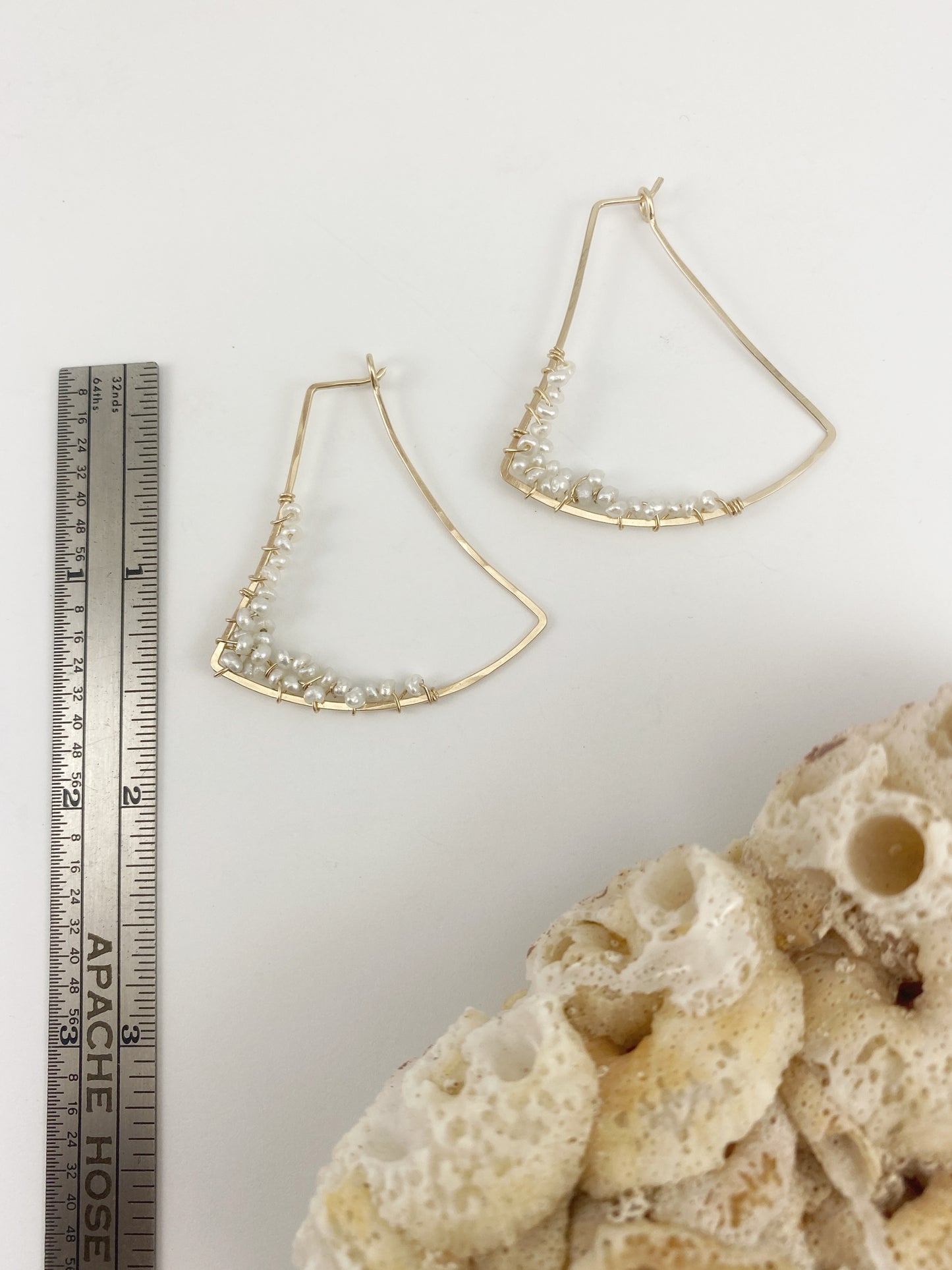 Gold Fan Hoops with Dainty Woven Pearls