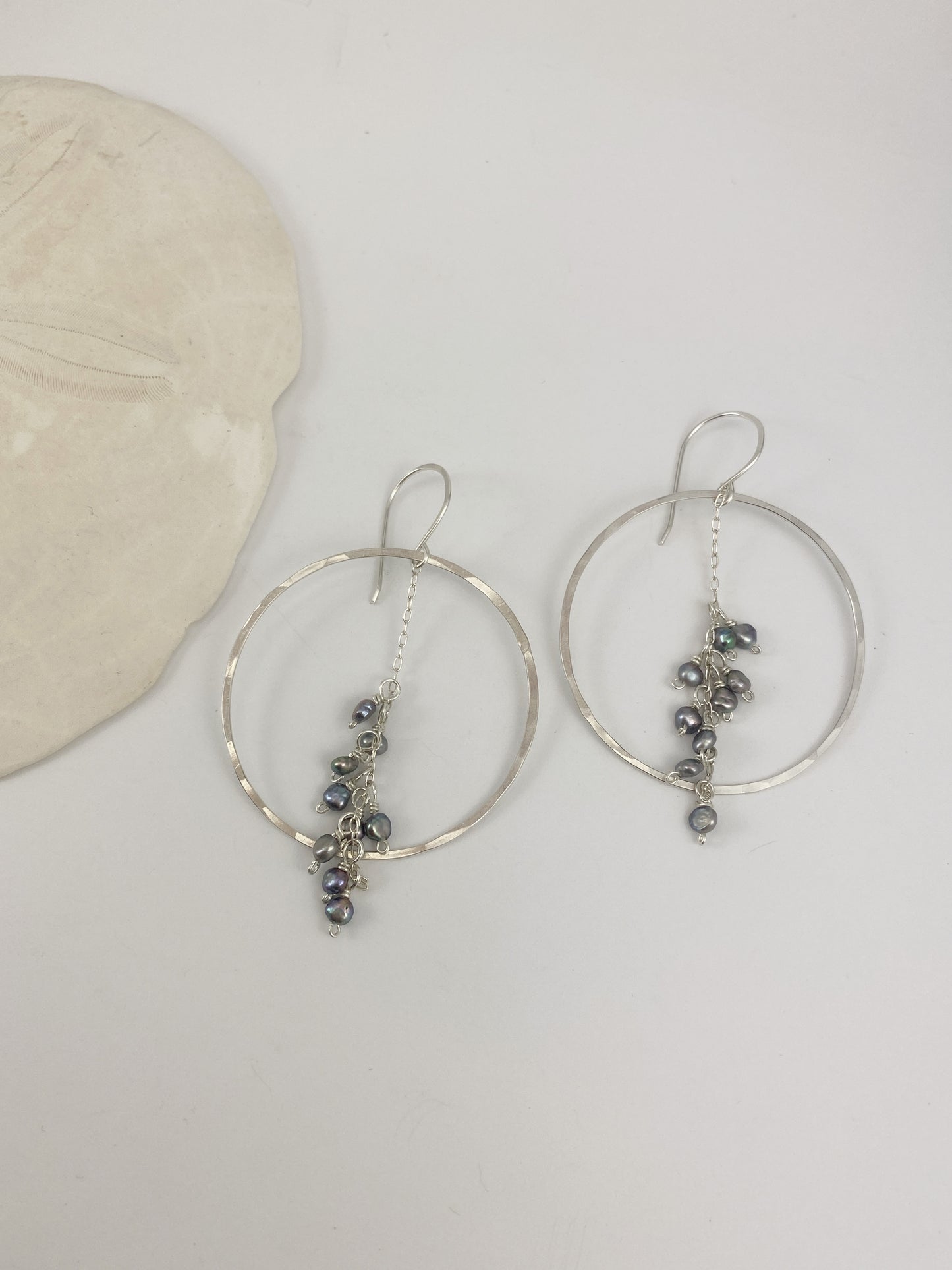 Hammered Silver Hoops with Silver Pearl Clusters