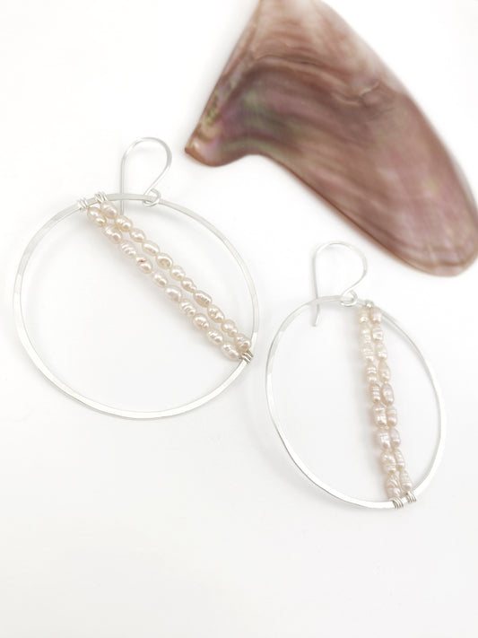 Double Strung Silver Pearl Hoops
