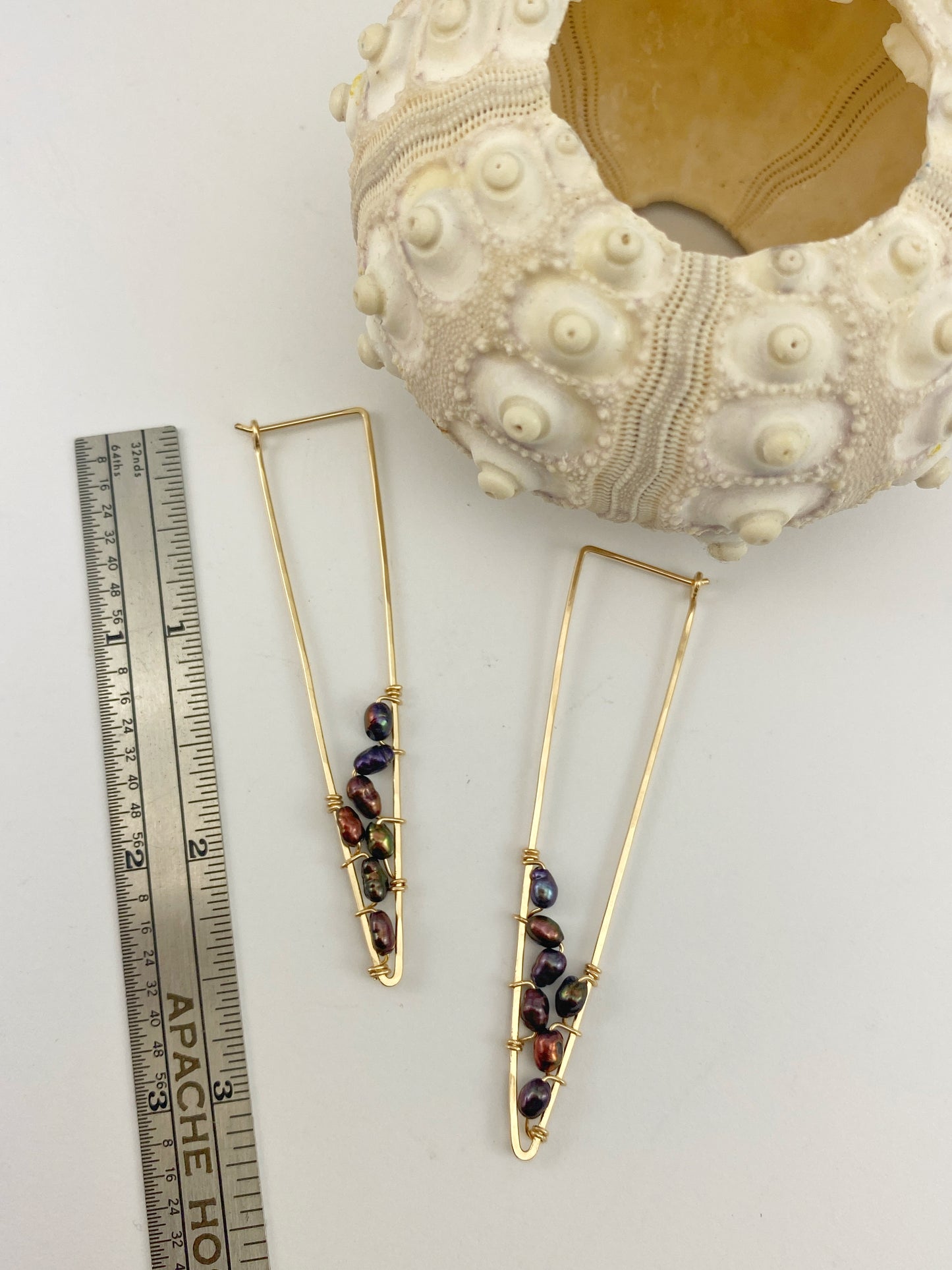 Gold Triangle Hoops with Woven Rainbow Pearls