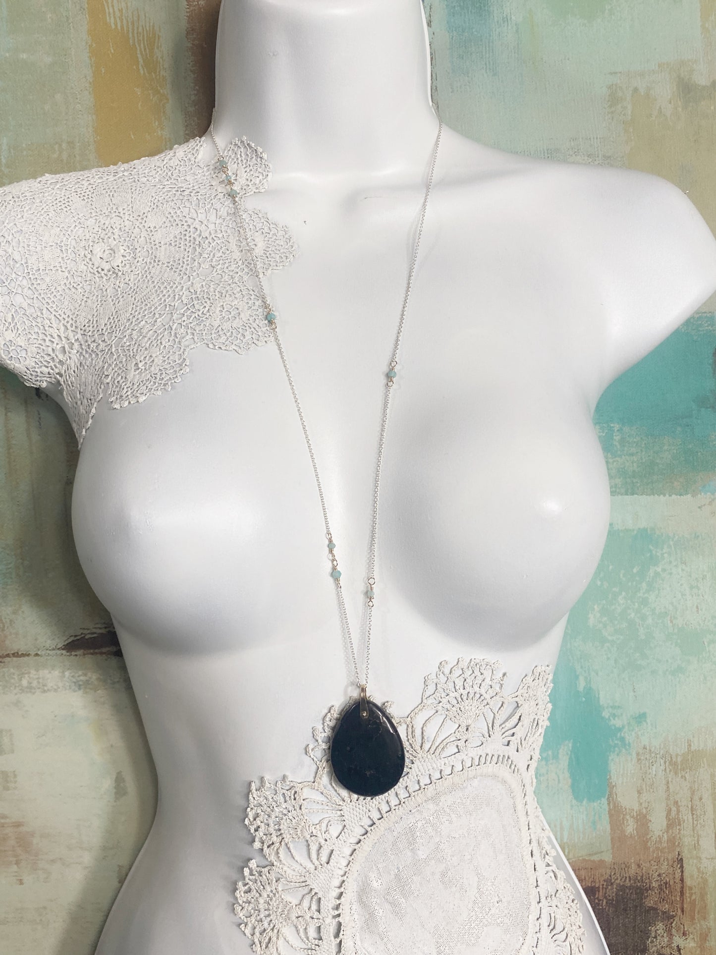 Silver Shungite Necklace with Gold and Amazonite | Silver Boho Necklace | Statement Necklace | Gemstone Pendant | One of a Kind Necklace | Sterling Silver