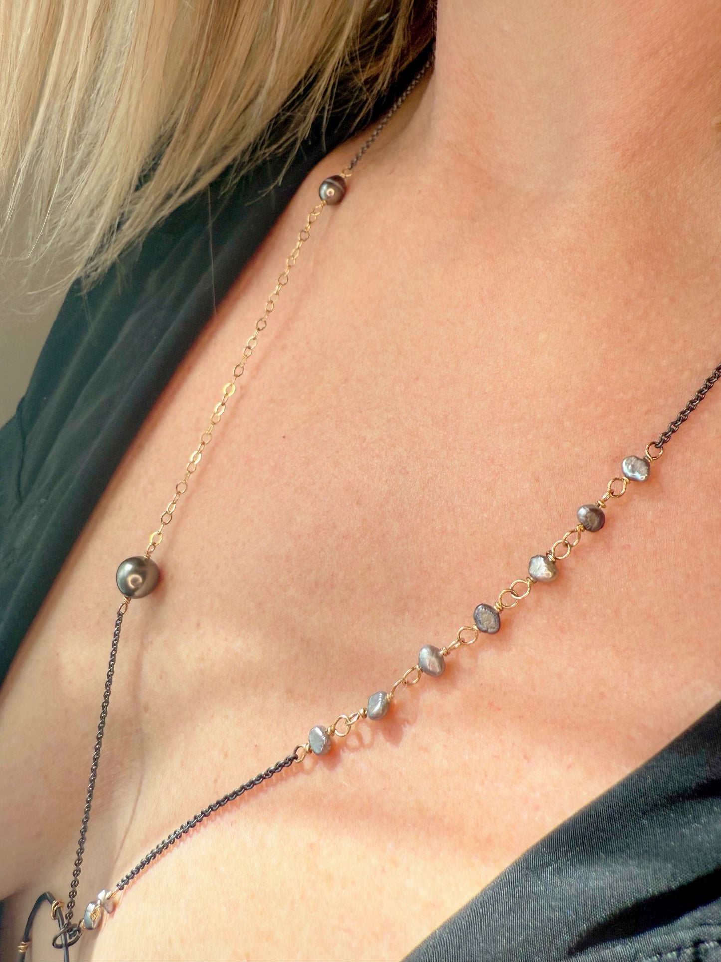 Boho interlocking Necklace with Tahitian & Freshwater Pearls