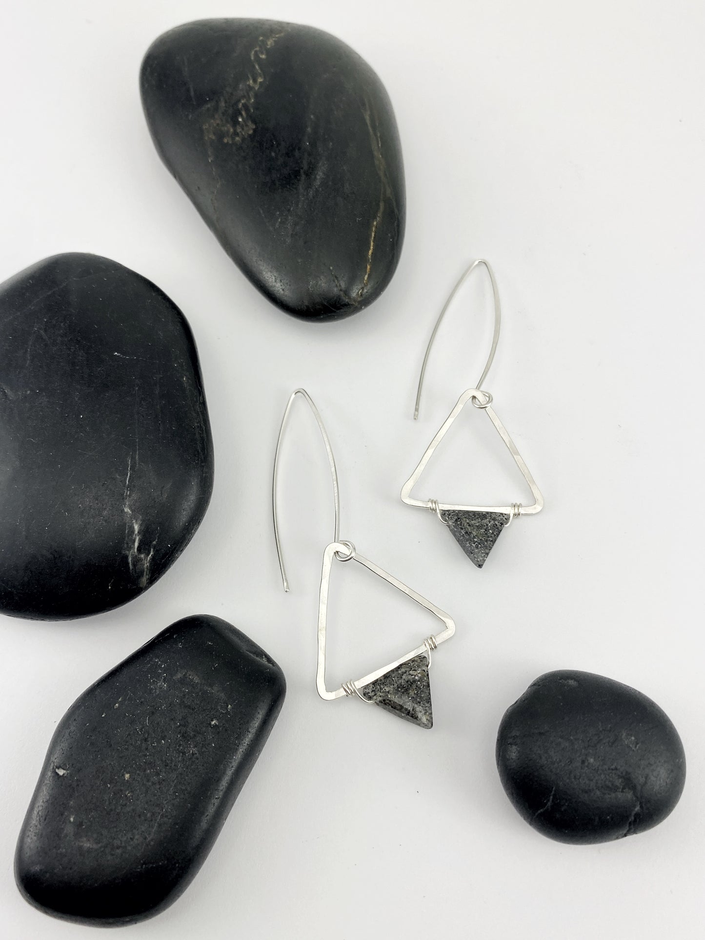 Black Sunstone Silver Triangle Earrings | Geometric Earrings | Boho Hoops | Silver Hoops | Handmade Sterling Silver Earrings