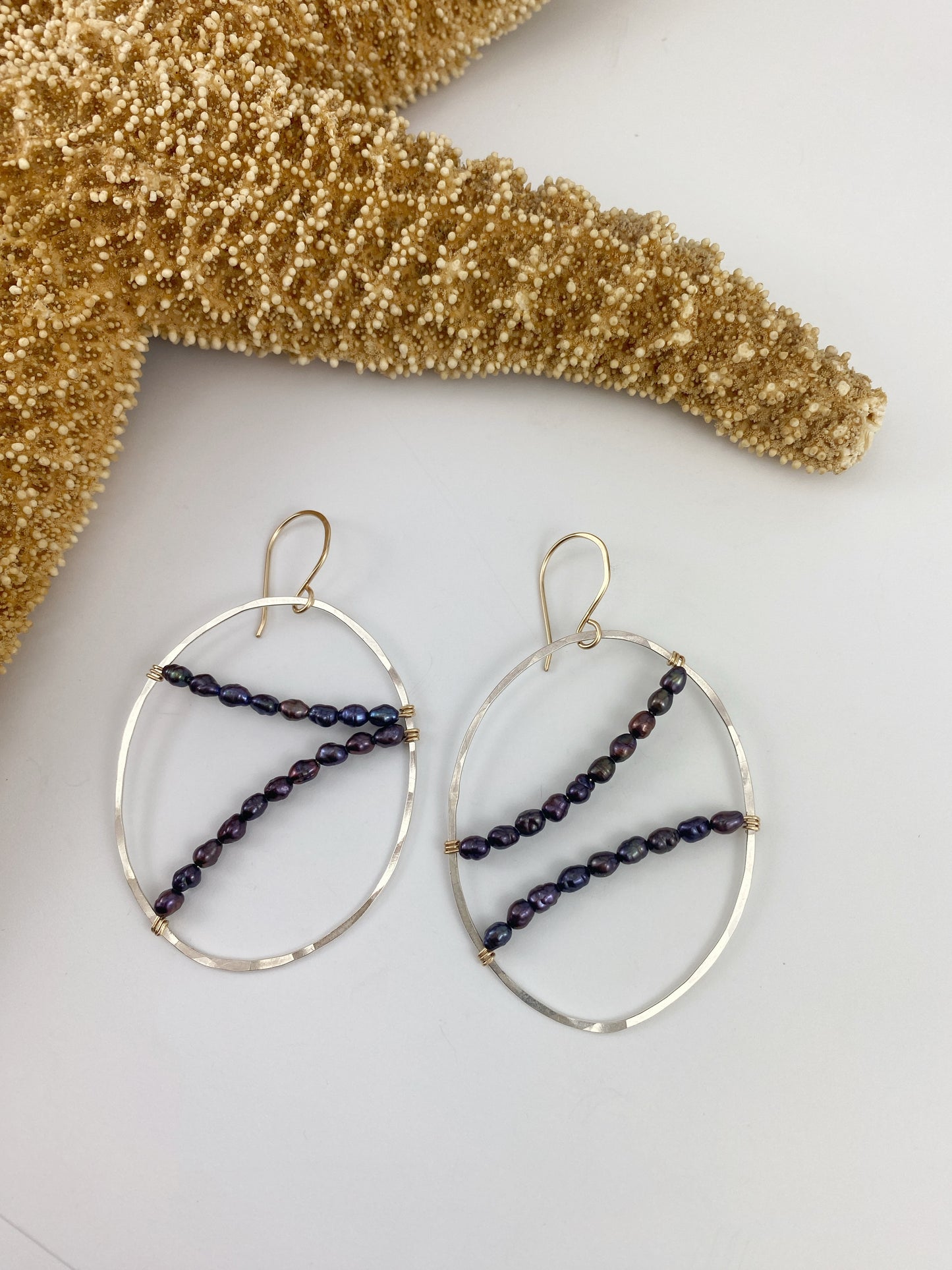 Asymmetric Oval Hoops with Purple Pearls