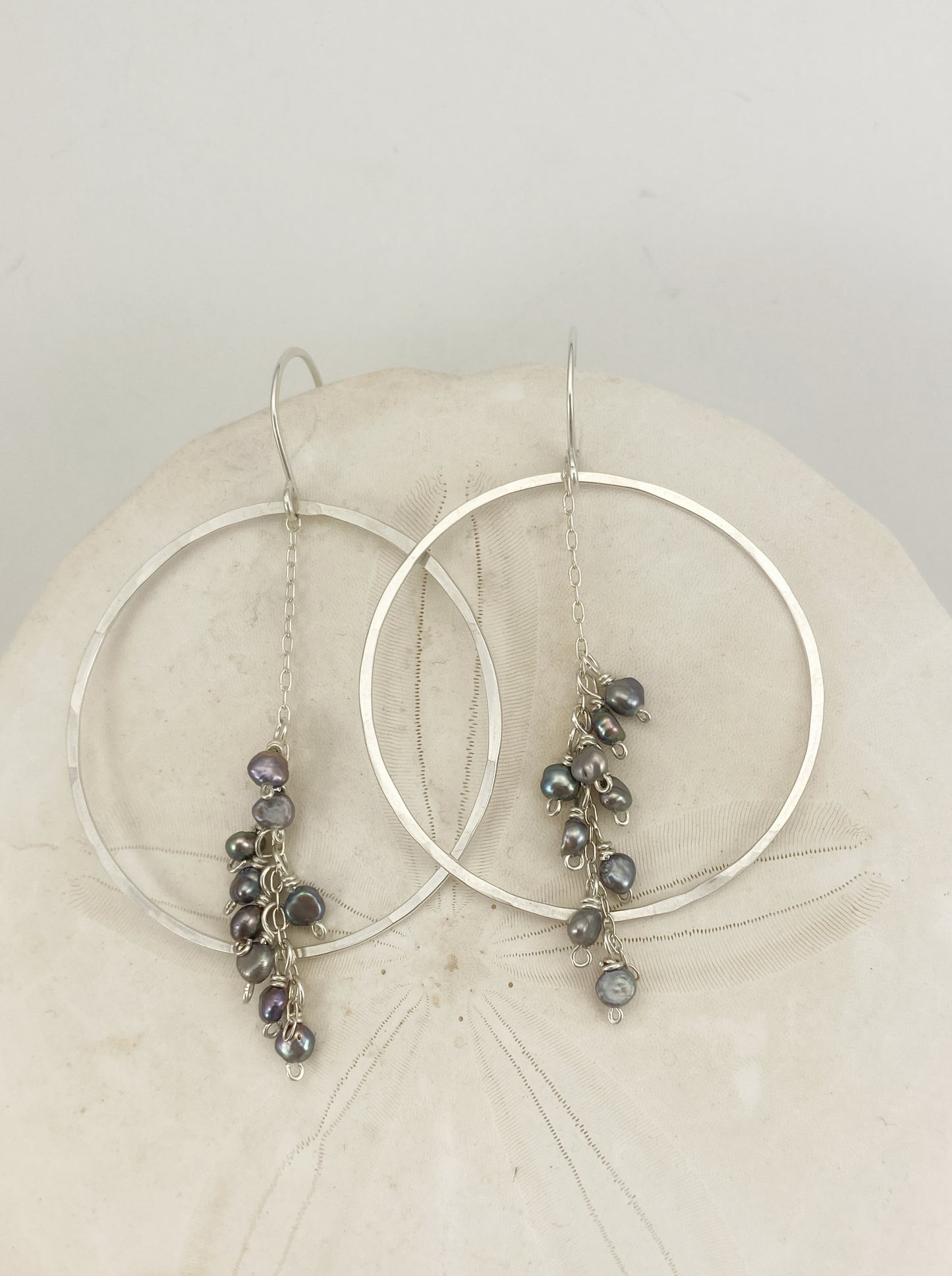 Hammered Silver Hoops with Silver Pearl Clusters
