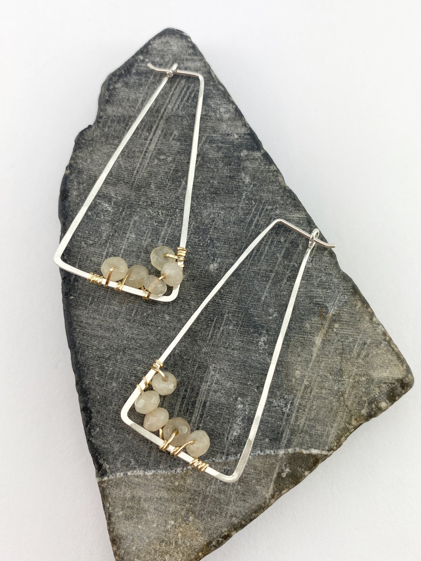 Moonstone Trapezoid Mixed Metal Hoops | Geometric Earrings | Everyday Earrings | Minimalist Earrings | Boho Hoop Earrings | Trapezoid Earrings | Chocolate Moonstone | Mixed Metal Hoops