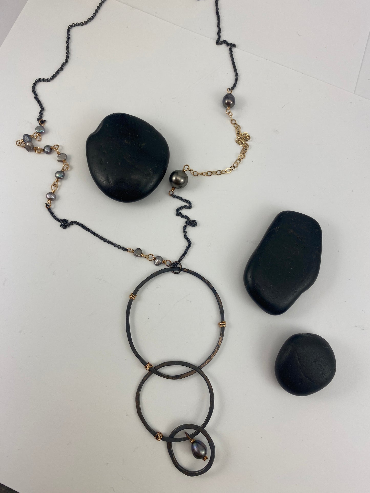 Boho interlocking Necklace with Tahitian & Freshwater Pearls