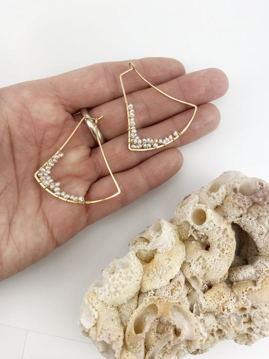 Gold Fan Hoops with Dainty Woven Pearls