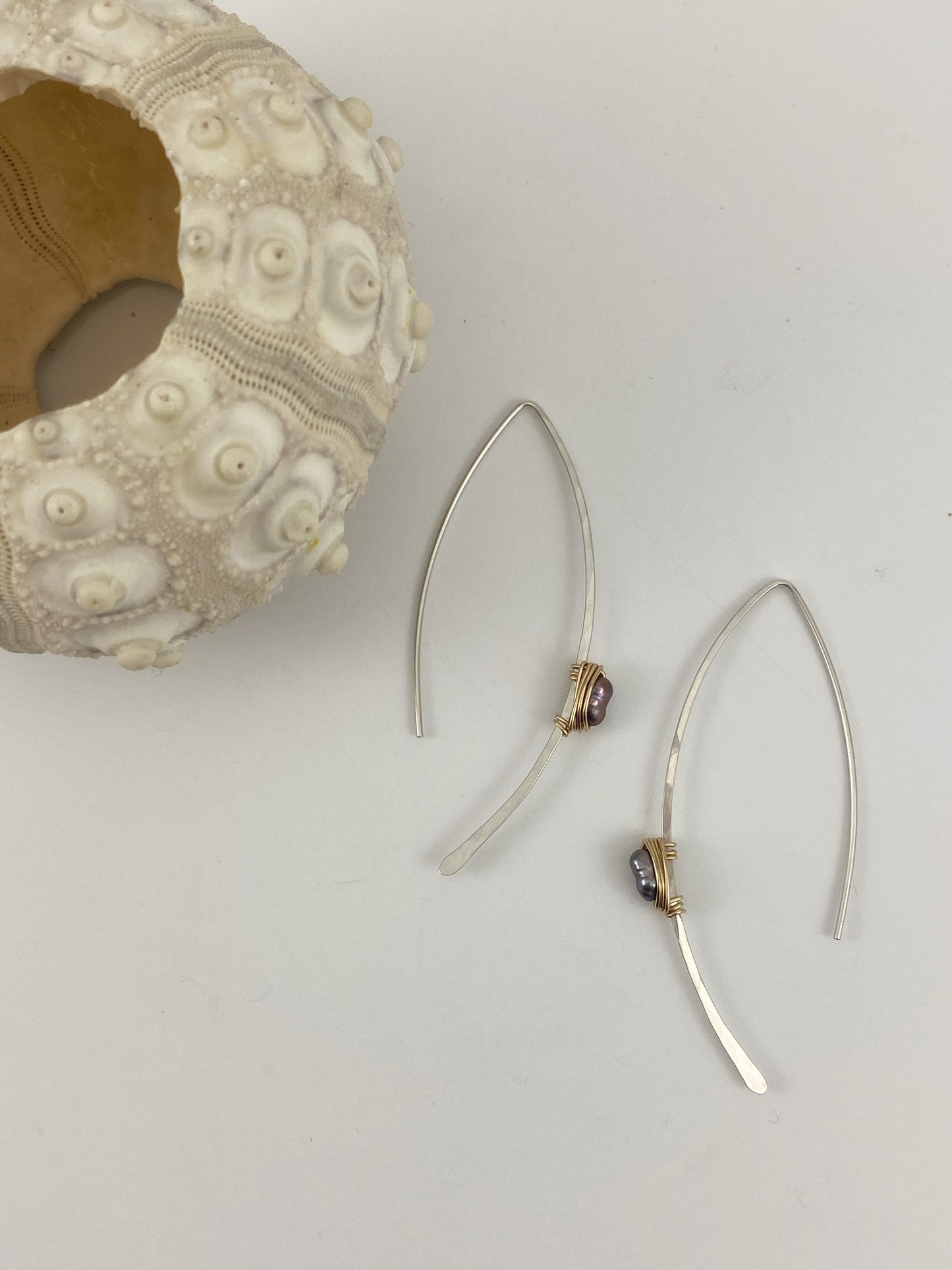 Mixed Metal Pull Through Earrings with Purple Pearls