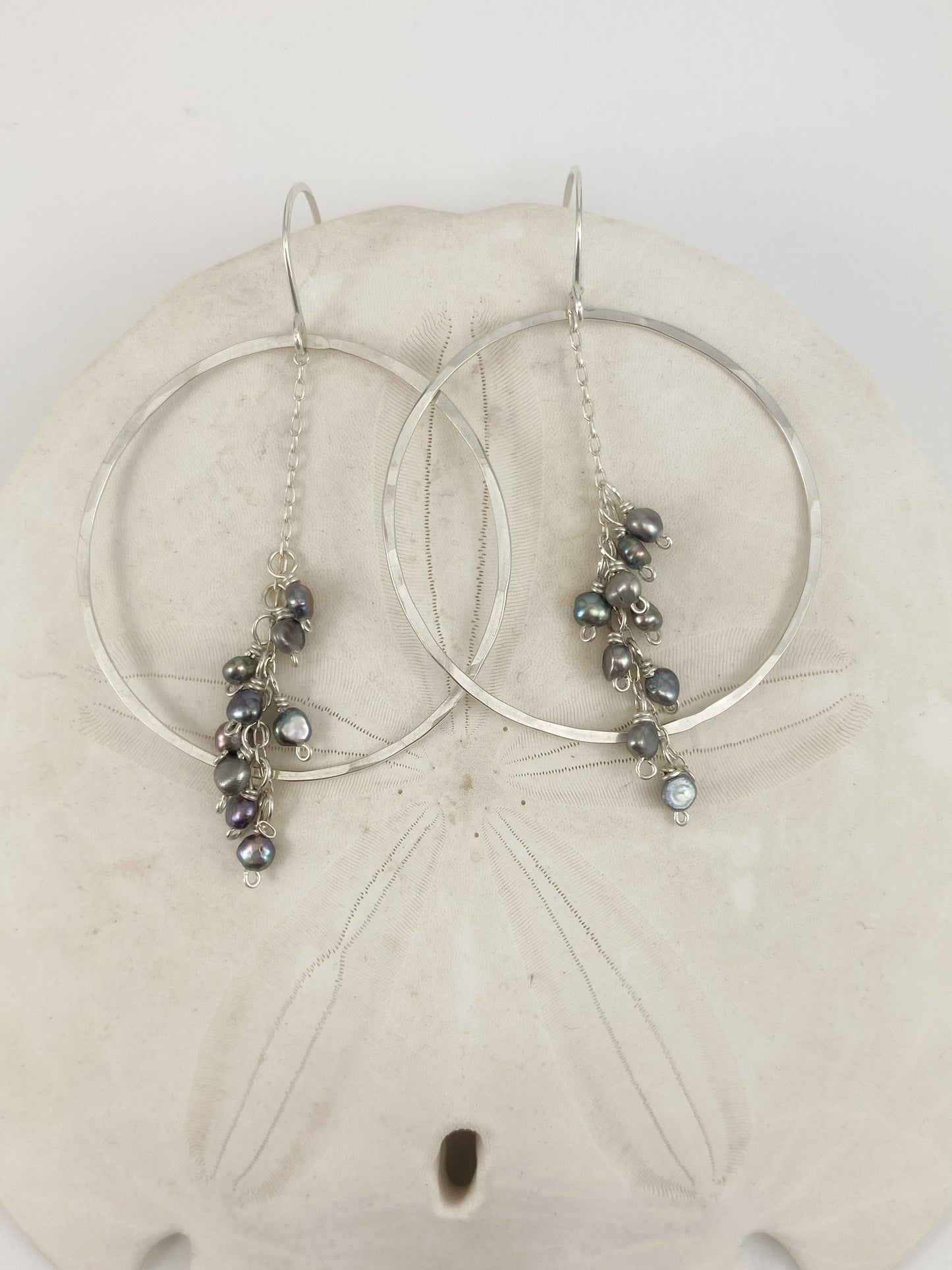 Hammered Silver Hoops with Silver Pearl Clusters