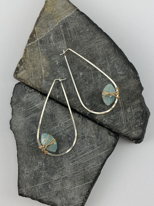 Aquamarine Mixed Metal Teardrop Hoop Earrings | Teardrop Hoops | Geometric Earrings | Minimalist Earrings | Sterling Silver | 14 K Gold Fill