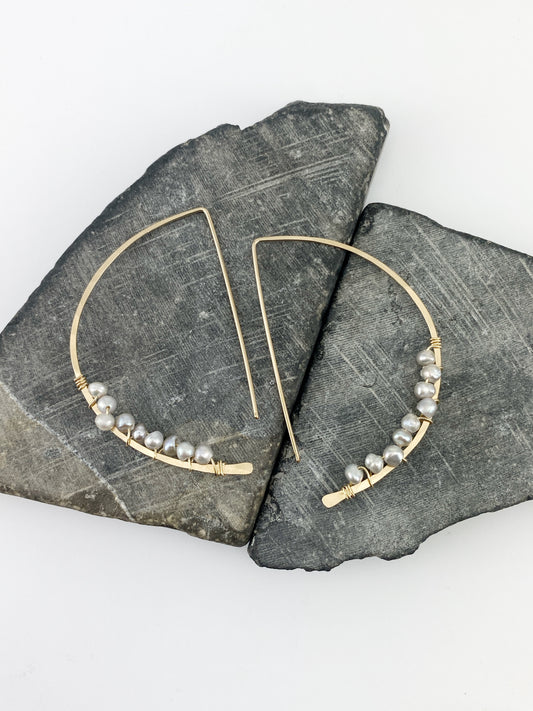 Gold Pearl Half Moon Open Hoops | Arc Earrings | Petal Threaders | Open Hoops | Gold Boho Earrings | Minimalist Earrings | Lightweight Earrings | Pearl Hoops | Moon Earrings