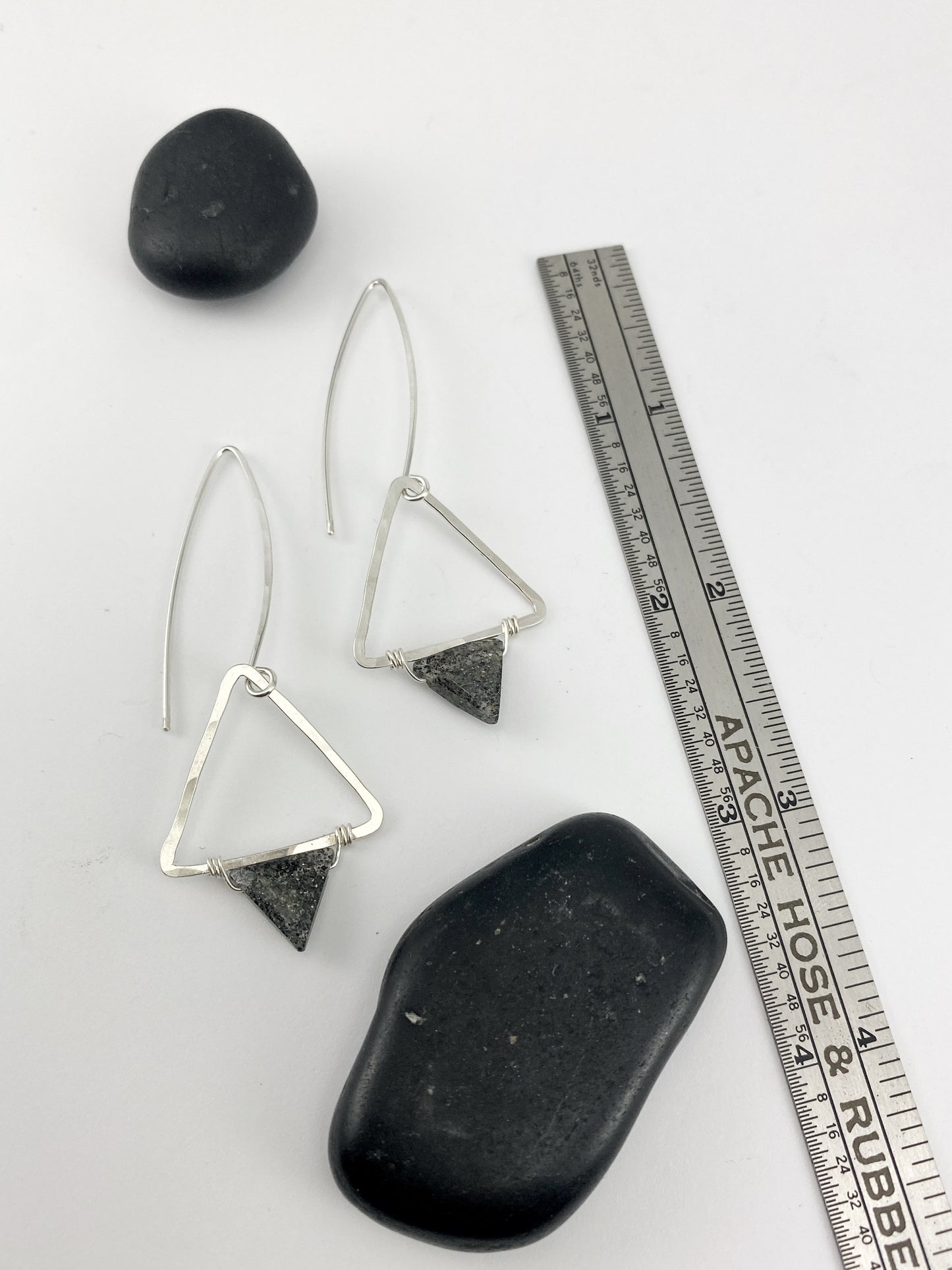 Black Sunstone Silver Triangle Earrings | Geometric Earrings | Boho Hoops | Silver Hoops | Handmade Sterling Silver Earrings