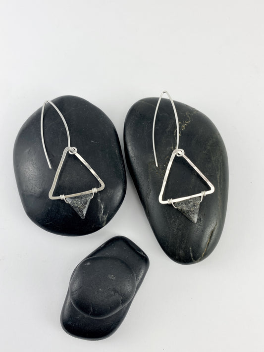 Black Sunstone Silver Triangle Earrings | Geometric Earrings | Boho Hoops | Silver Hoops | Handmade Sterling Silver Earrings