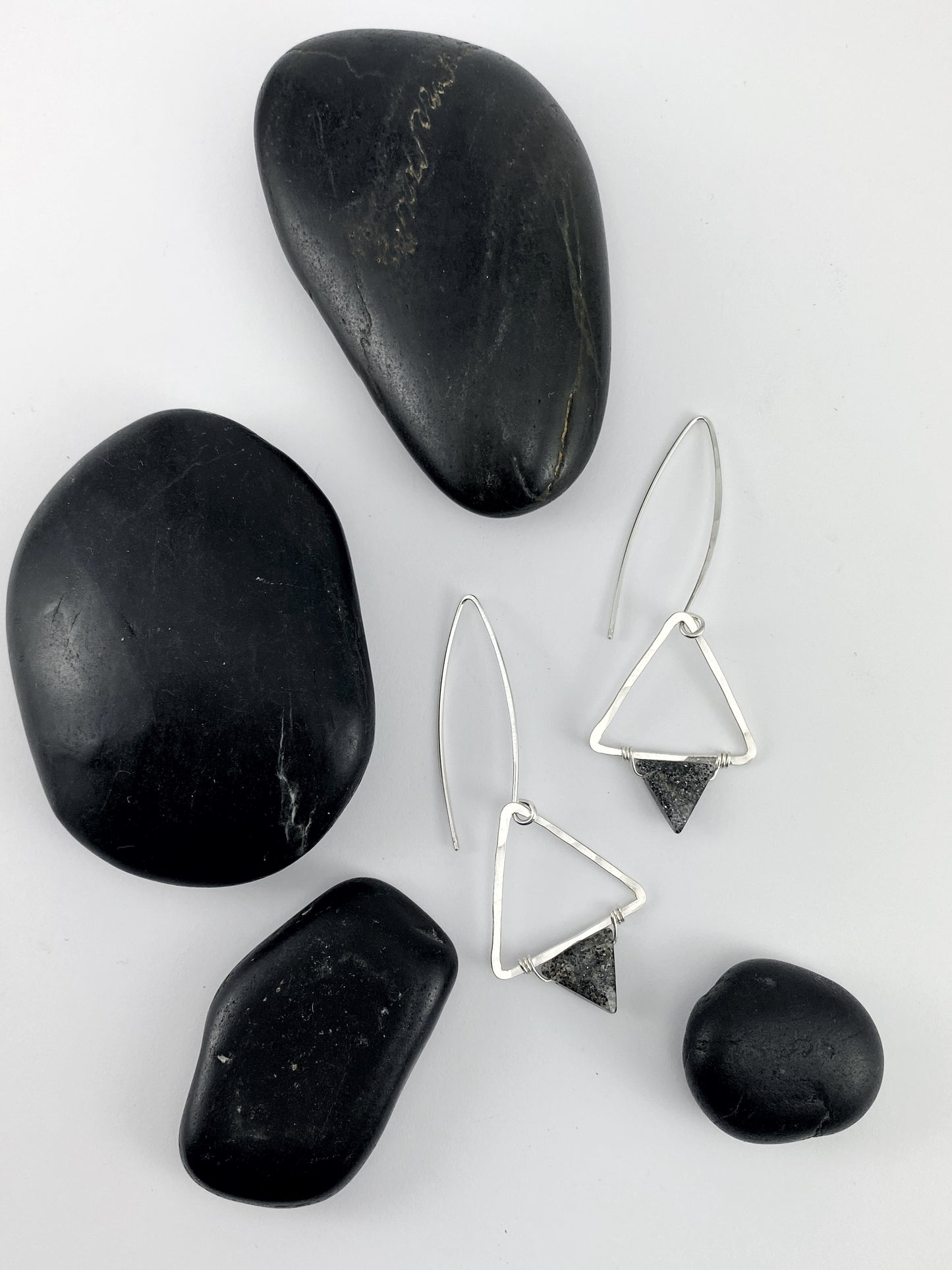 Black Sunstone Silver Triangle Earrings | Geometric Earrings | Boho Hoops | Silver Hoops | Handmade Sterling Silver Earrings