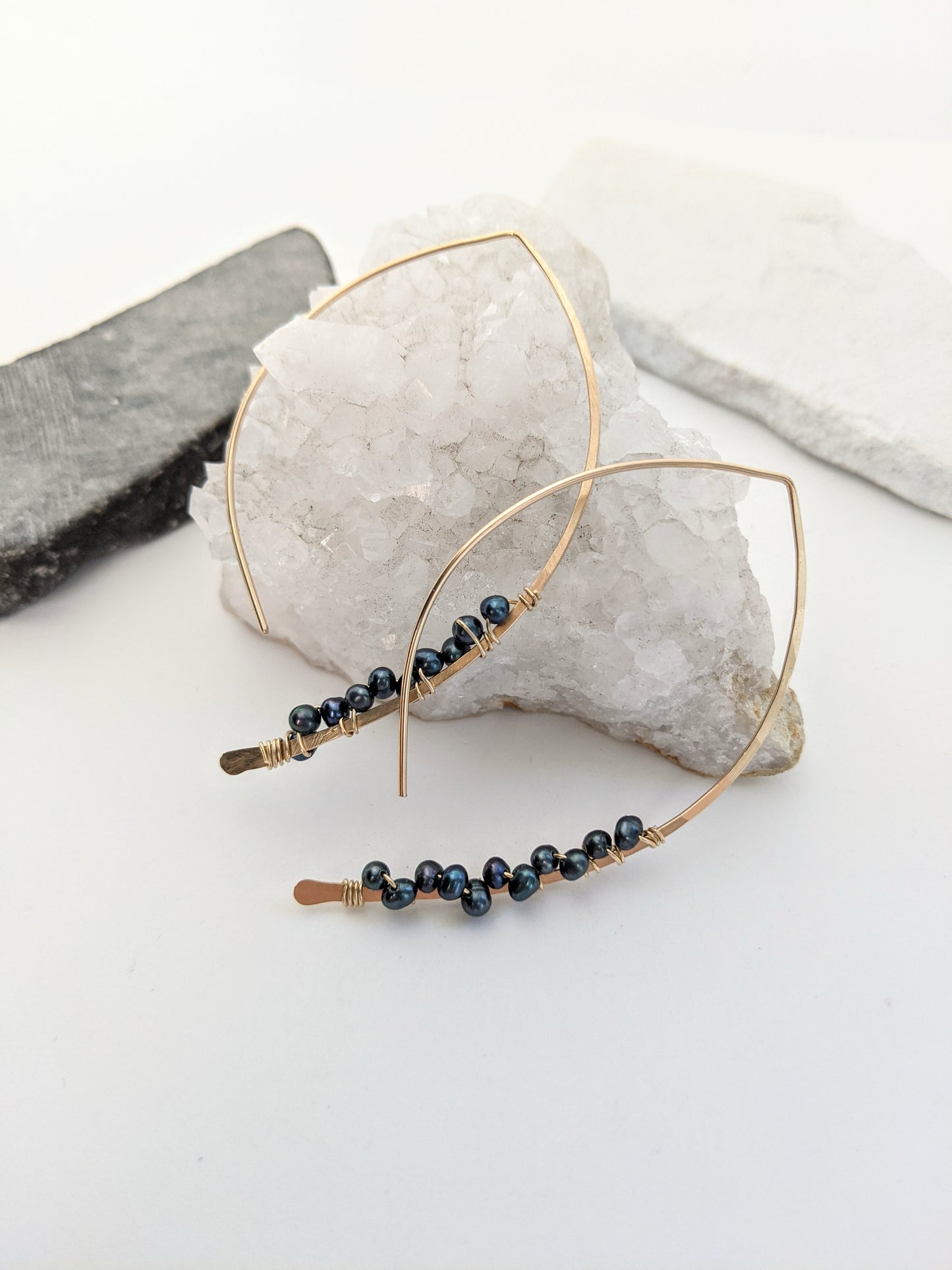 Gold Peacock Pearl Petal Pull Through Earrings | Arc Earrings | Petal Threaders | Open Hoops | Gold Boho Earrings | Minimalist Earrings | Pearl Earrings