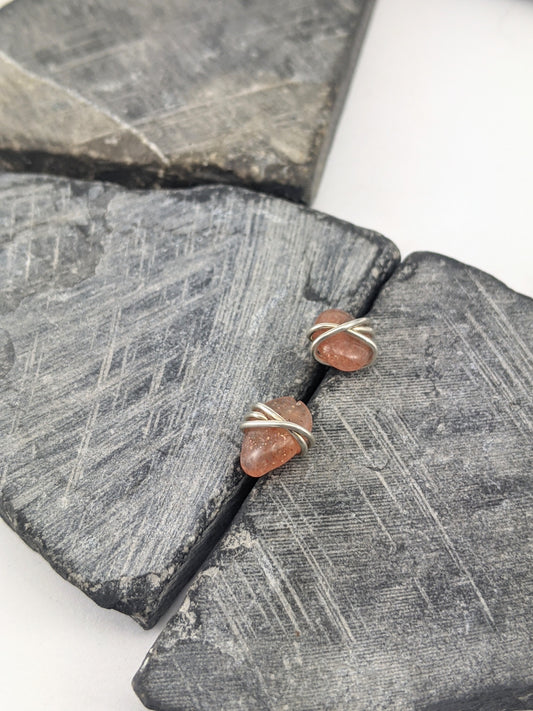 Silver Wrapped Sunstone Stud Earrings | Gemstone Studs | Dainty Earrings | Sunstone Studs | Delicate Earrings | Post Earrings | Small Boho Earrings