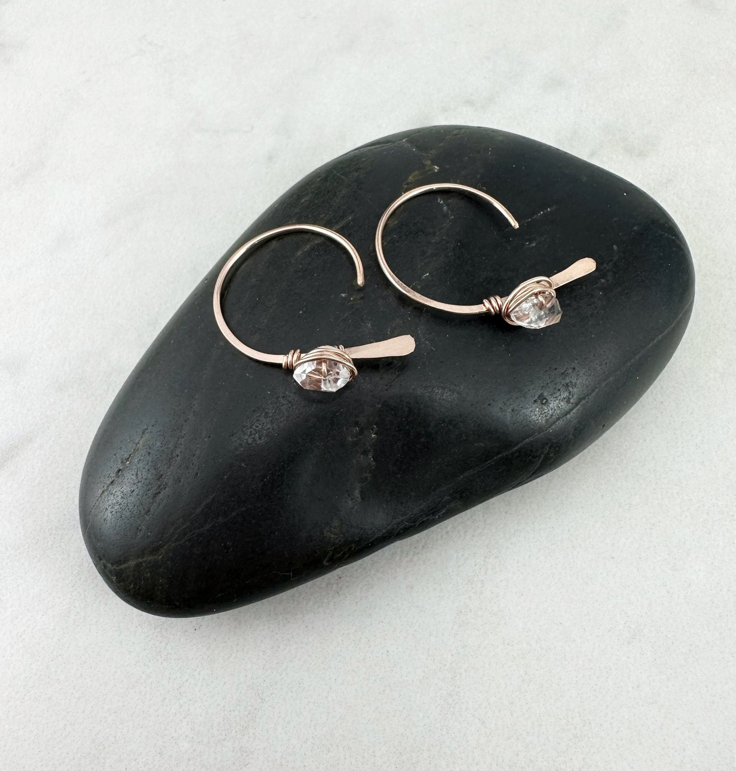 Rose Gold Arch Earrings with Herkimer Diamonds | Birthstone Earrings | Dainty Earrings | Rose Gold Boho Earrings | Rose Gold Hoops | April Birthstone | Arch Hoops | Simple Earrings | Open Hoops | Minimalist Earrings