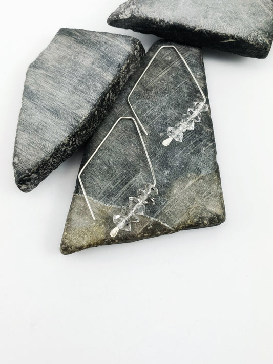 Silver Herkimer Diamond Open Kite Earrings | Geometric Earrings | Minimalist Earrings | Lightweight Jewelry | Hammered Hoops | Sterling Silver