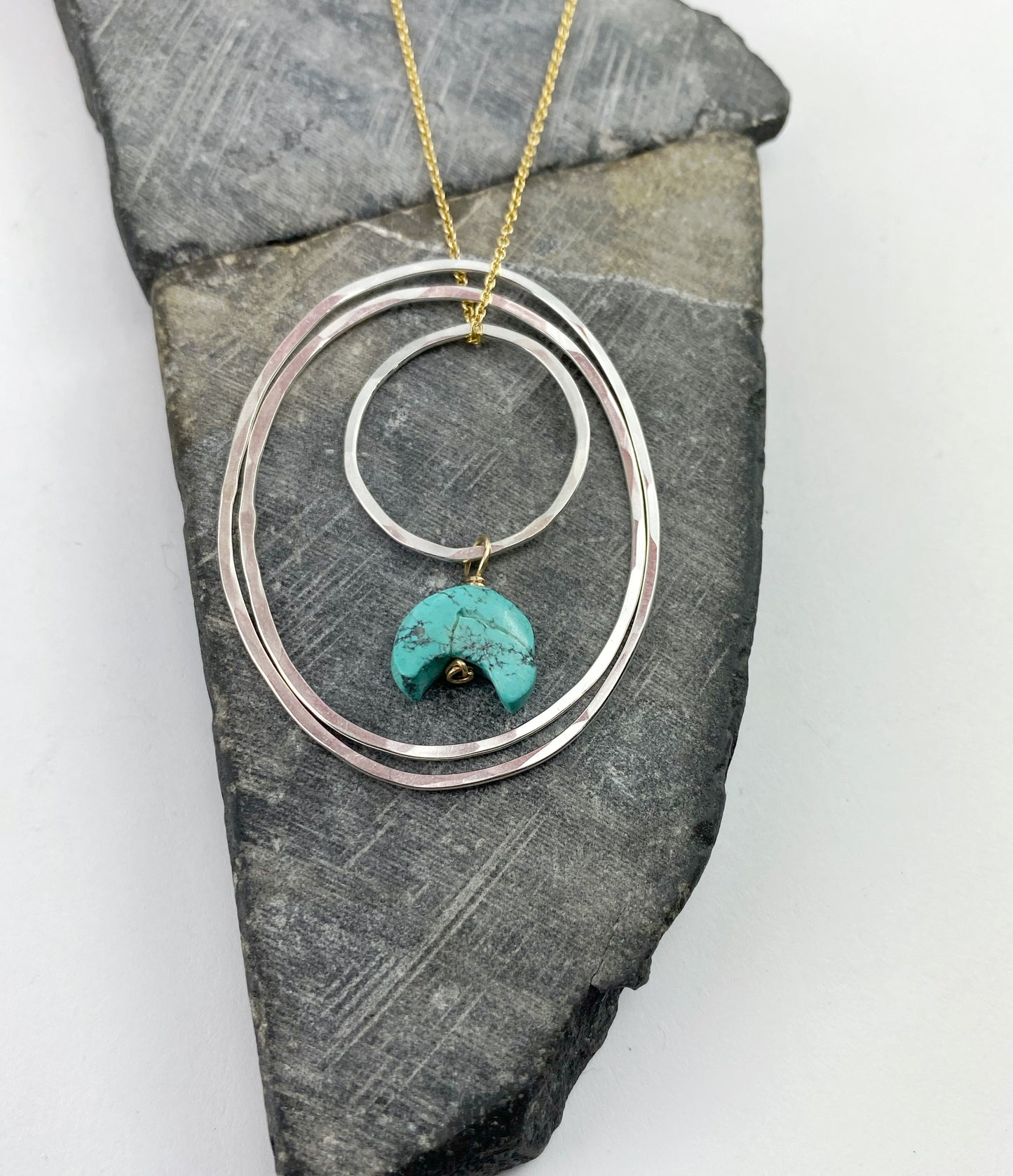 Silver Turquoise Hoop Necklace | Hammered Boho Necklace | Mixed Metal Ring Necklace | Turquoise Necklace | Moon Necklace | Turquoise Jewelry | Birthstone Necklace