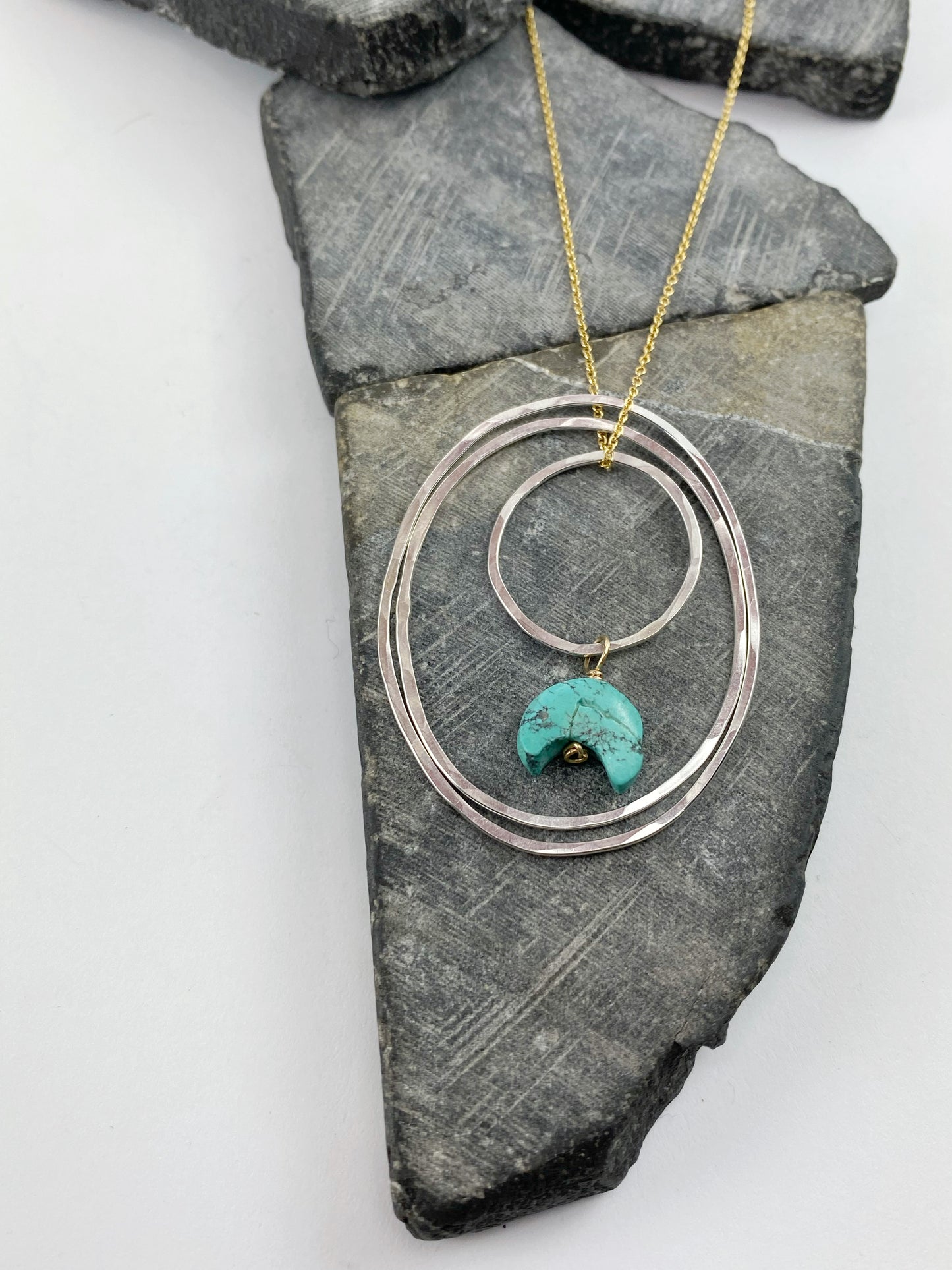 Silver Turquoise Hoop Necklace | Hammered Boho Necklace | Mixed Metal Ring Necklace | Turquoise Necklace | Moon Necklace | Turquoise Jewelry | Birthstone Necklace